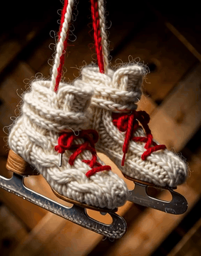 AI generated video: WoolWorld, a pair of ice skates hanging by their laces, blades of silver…