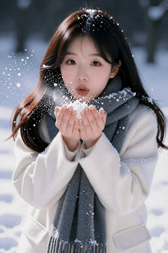 AI generated video: A young woman blows her eyes in her hands, Snowflakes are scattered in the air…