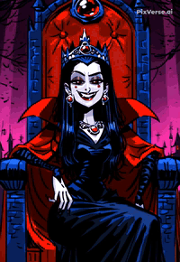 AI generated video: Vampire queen, moves hand behind head adjusting hair, smirking with vampire…
