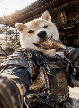AI generated video: A hyper-realistic selfie-style image of an anthropomorphic shiba inu samurai…