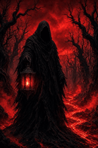 AI generated video: Dark fantasy digital illustration, a towering silhouette of a hooded grim…