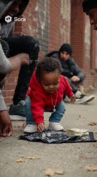 AI generated video: Baby gets caught gambling with dice on the street, he then grabs cash and runs…