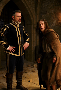 AI generated video: A nobleman yells at a creepy dirty man wearing a ragged cloak, saying "Get…