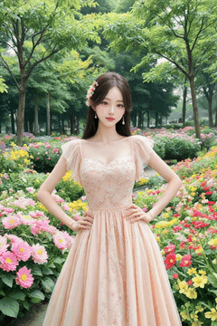 AI generated video: A woman in a pink dress is standing in a flower garden and posing, The leaves…