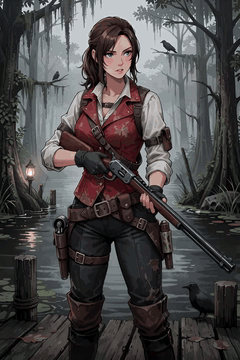 AI generated video: illustration of Claire Redfield as a Hunt: Showdown 1896 hunter, standing on a…