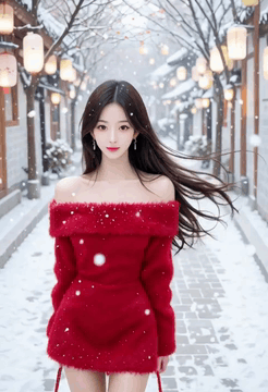 AI generated video: A woman in a red dress is walking in a snowy alley of her old house, her long…