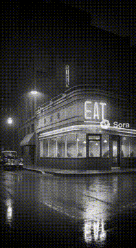 AI generated video: Exterior shot old city diner with glowing neon sign that reads EAT. CUT TO…