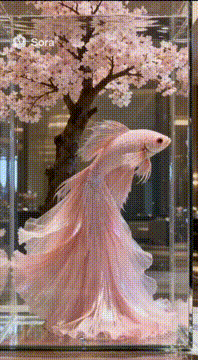 Видео, сгенерированное нейросетью: She swims like a whispered poem… Wrapped in cherry blossoms, bathed in silk…