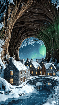 Видео, сгенерированное нейросетью: A snow-covered village tucked inside the hollow center of a gigantic ancient…