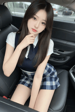 AI generated video: A young woman sitting down her chin with her hands smiles,, cars drive on the…