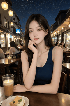 AI generated video: A woman in a blue tank top sits with her arms leaning on a table, Her hair…
