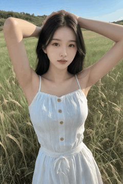 AI generated video: A young woman in a white sleeveless dress is raising her hands above her head…