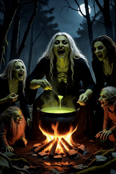AI generated video: beautiful woman in At the edge of a blighted woodland, a green-skinned hag, her…