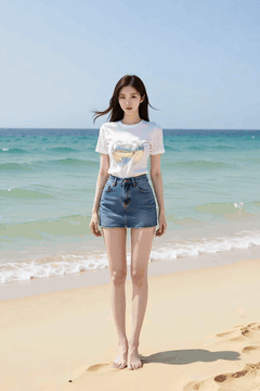 AI generated video: A young woman is standing on the beach,, her long hair is blowing in the wind…