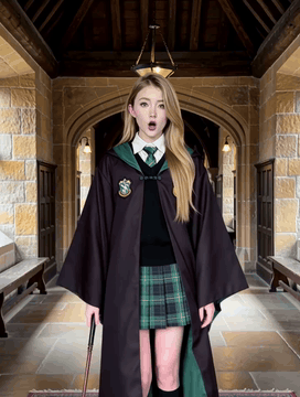 Видео, сгенерированное нейросетью: Inside an old English-styled hallway. The subject, wearing a costume and…