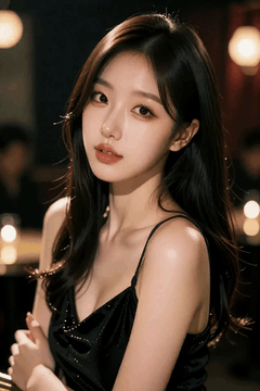 AI generated video: A woman in a black sparkle dress tilts her head, The long hair swings softly in…