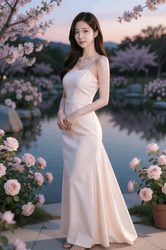 AI generated video: a beautiful woman stands in the flower garden,, The long dress flutters in the…