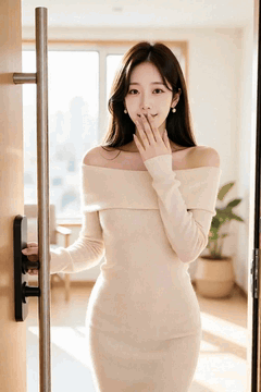 AI generated video: A woman opens the door, walks in, covers her mouth with her hands, and smiles…